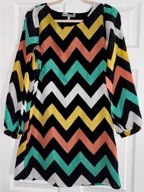 Almost Famous Black Chevron Tunic Dress with Teal, Mustard & Coral Zigzags